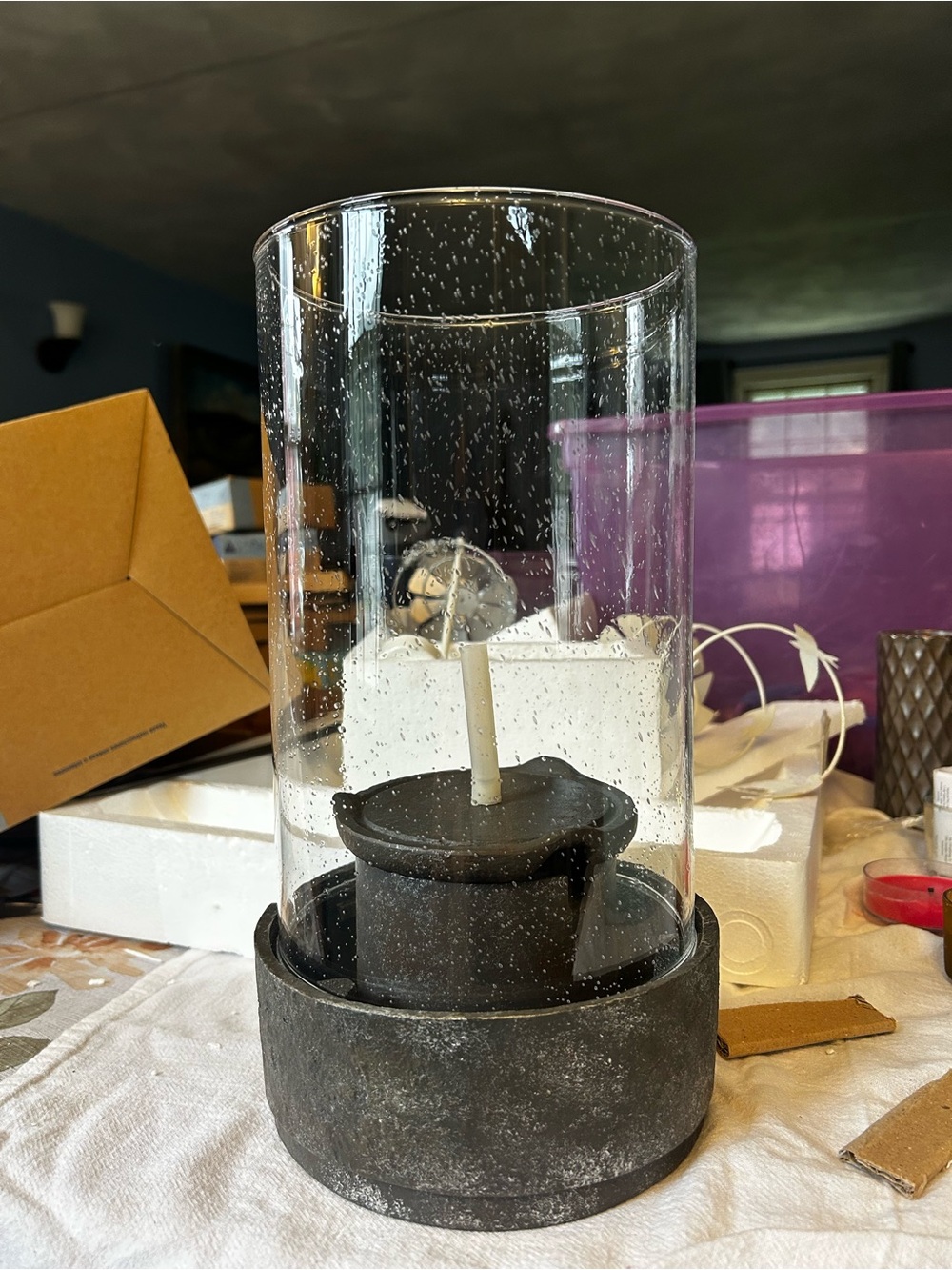 Partylite Modern Black Glass Hurricane FountainCandle Holder with Speckled Glass
